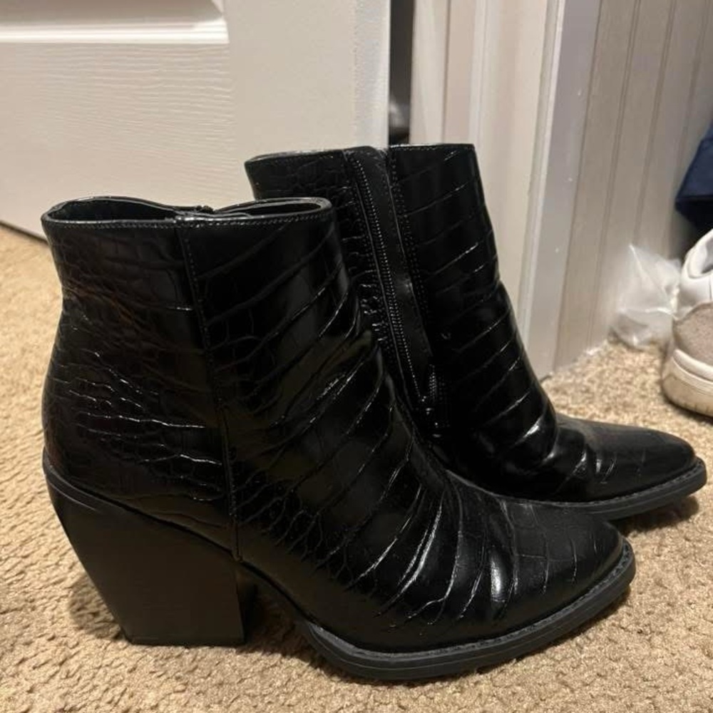 Madden Girl Black Croc-Embossed Ankle Booties